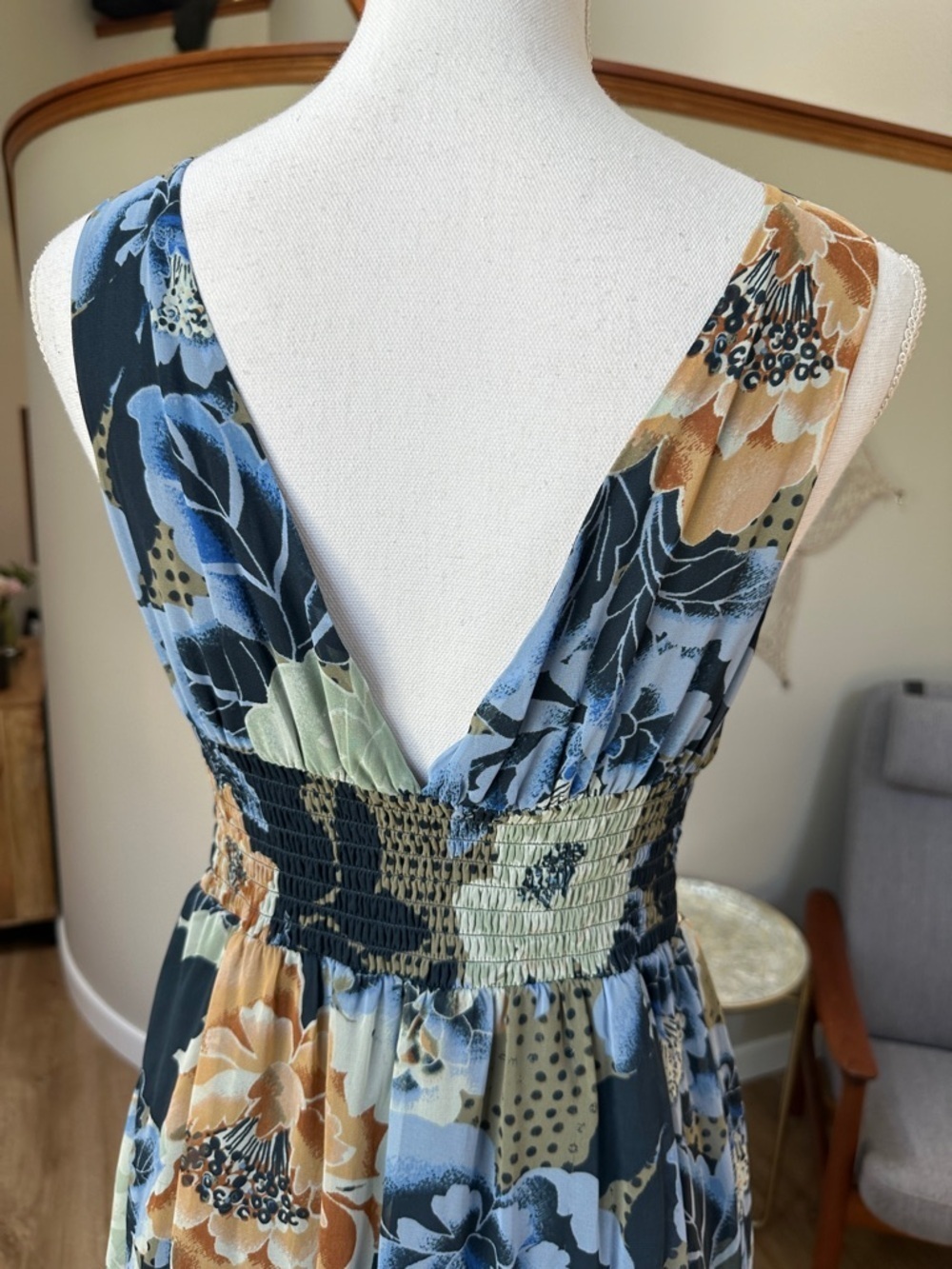 Free People Navy Multi Floral Midi Dress with Crochet Waistband - Picture 5 of 13